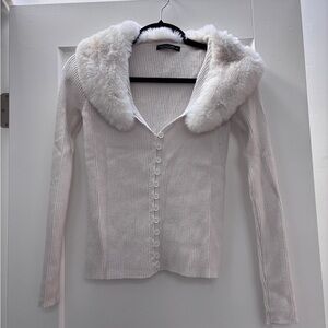 White Faux Fur Collar Long Sleeve Top